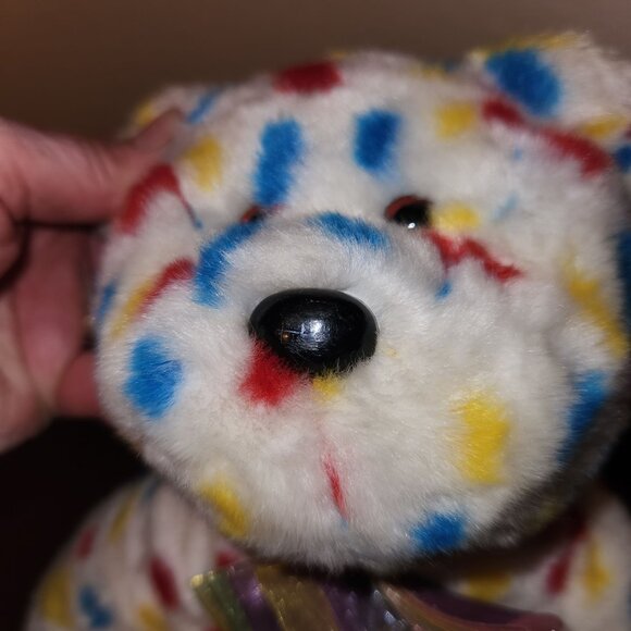 Ty Beanie Babies 99 Signature Confetti Bear Rainbow Ribbon & Colorful Spots - Picture 3 of 6